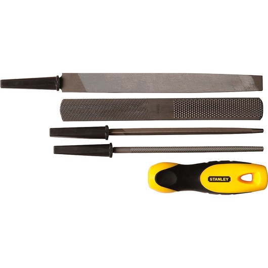 STANLEY 22-314 file set with four metal files and one yellow-black interchangeable handle, top view.