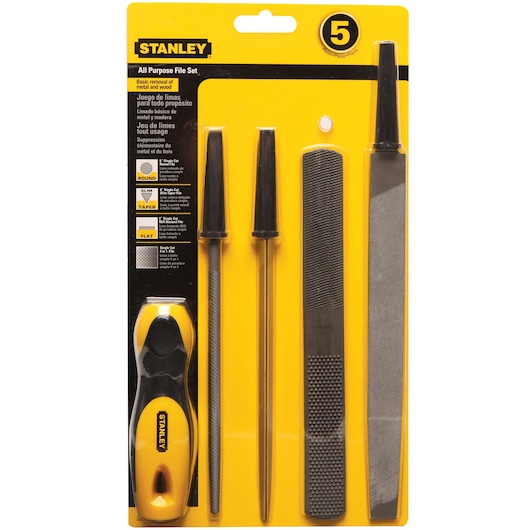 Stanley 22-314 all purpose file set, five-piece kit in yellow plastic packaging, front angle.
