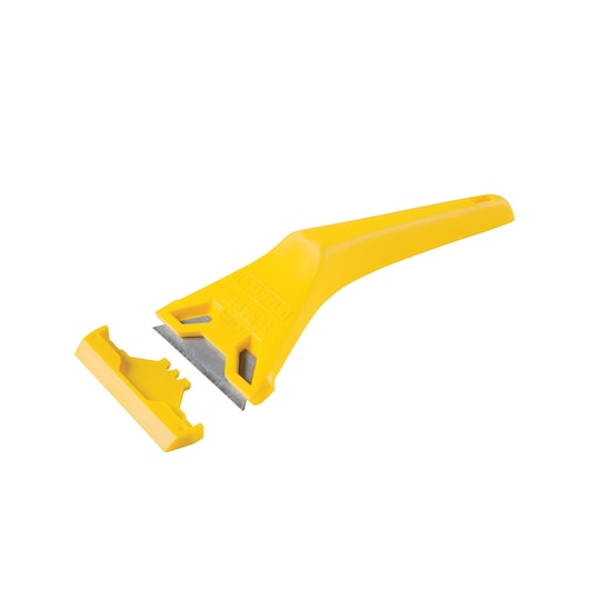 STANLEY yellow plastic razor scraper with protective blade cover, angled product shot on white background