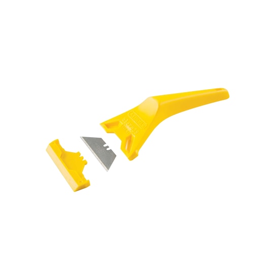 Stanley utility blade scraper with yellow handle, blade and cover shown disassembled, front angle view