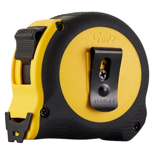 STANLEY 30-726 tape measure, yellow and black, with belt clip, rear angle on white background.