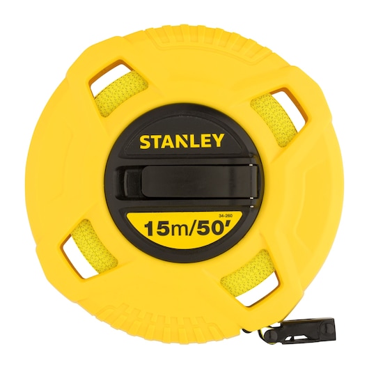 Stanley 34-260 yellow fiberglass measuring tape, 15m/50ft, front angle, photography on white background.