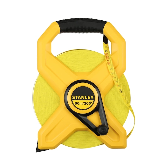 Stanley 34-794S open reel yellow measuring tape, 60m/200ft, front angle on white background.