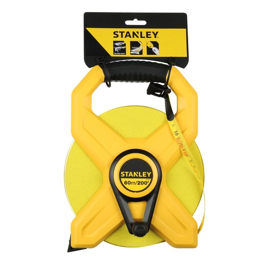 Stanley 34-794S photography of yellow open reel tape measure, 60m length, front angle on white background.