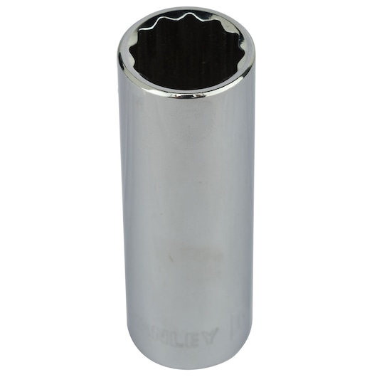 STANLEY 4-86-427 chrome deep socket, cylindrical with 12-point opening, product photography on white background.