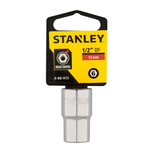 STANLEY 4-86-513 socket, 13mm, 1/2 inch drive, chrome finish, front angle on white background.