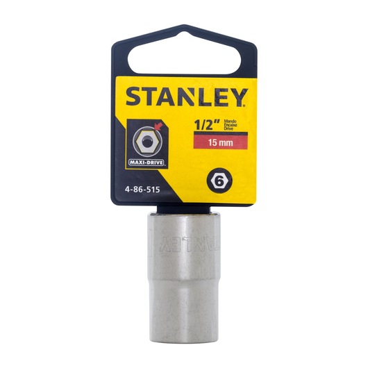 Stanley 4-86-515 15mm socket with Maxi-Drive branding, photographed from the front on white background.