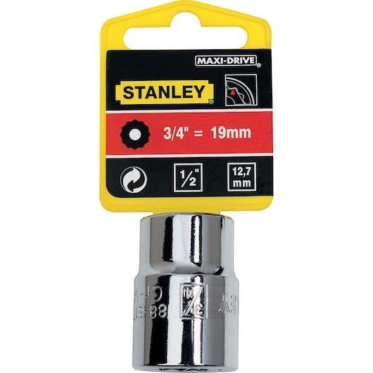 STANLEY 4-86-544 socket 12mm chrome finish front angle with yellow packaging.