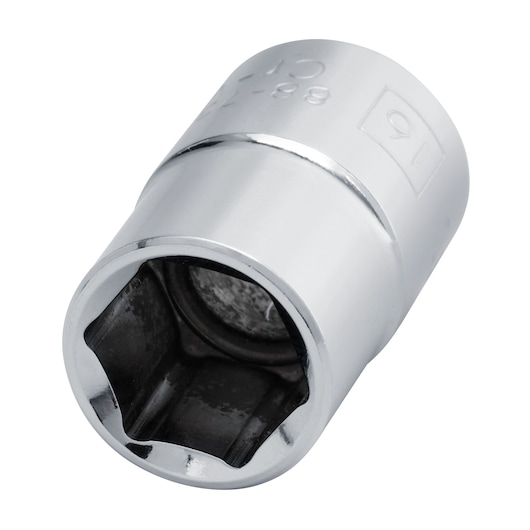 STANLEY 4-88-738 chrome finish socket, hexagonal, close-up at angle, for hand tools.