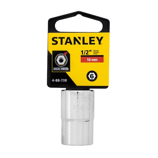 STANLEY 4-88-738 16 mm chrome socket, photography showing front view with yellow and black packaging.