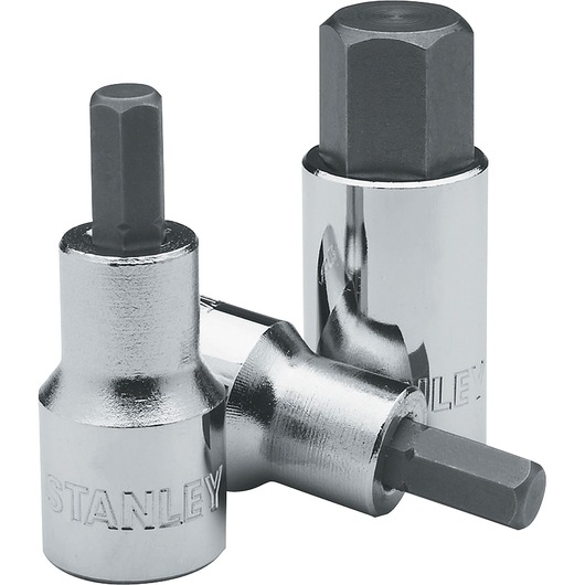 Stanley 4-89-180 chrome hex bit sockets, set of three, product photography on white background.