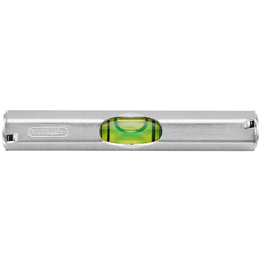 Photo of STANLEY 42-287 torpedo level, silver metal body with central green vial, front view on white background.