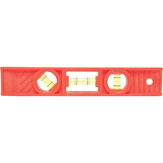 STANLEY 42-294 red plastic torpedo level, front angle on white background, three bubble vials.