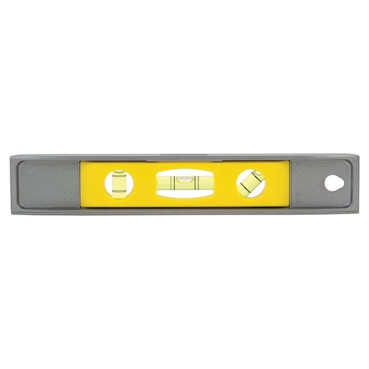 Stanley spirit level front view, gray frame with yellow center and three bubble vials on white background.
