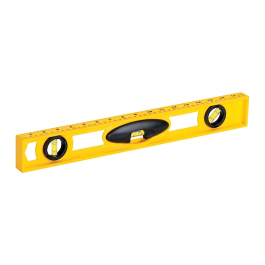 STANLEY 42-467 yellow level ruler, front angle photo, three bubble vials, black handle, measurement markings.