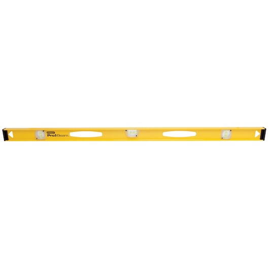 Stanley yellow ProtBeam spirit level, front angle, three vials, two hand holes, on white background