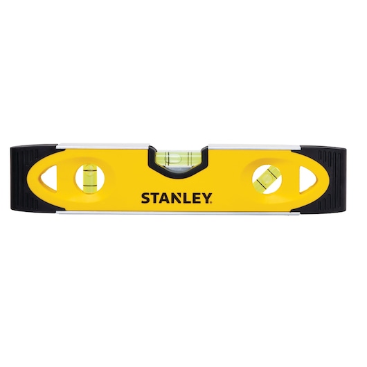 Front view of a STANLEY yellow and black spirit level with three vials on a white background.
