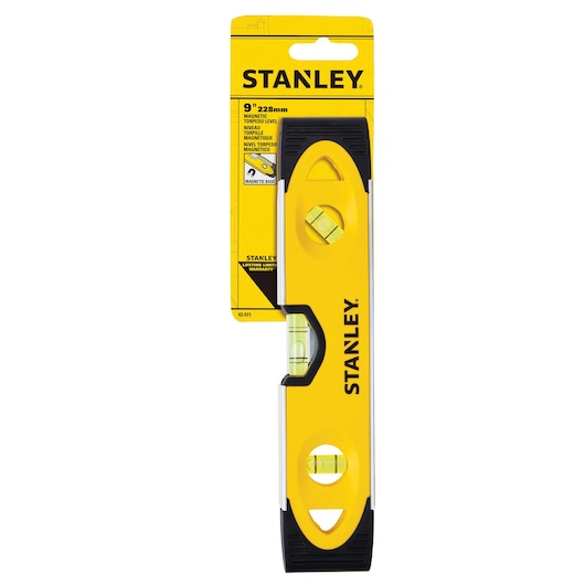 STANLEY 9-inch magnetic torpedo level 43-511, yellow body with three bubble vials, front angle on white background.