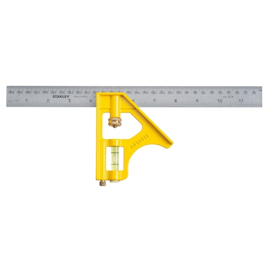 Stanley 46-028 combination square, yellow level with steel ruler, top angle on white background.