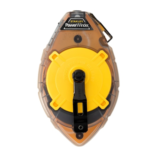 STANLEY 47-460 chalk line reel with transparent case, yellow winding wheel, and black handle, front view.