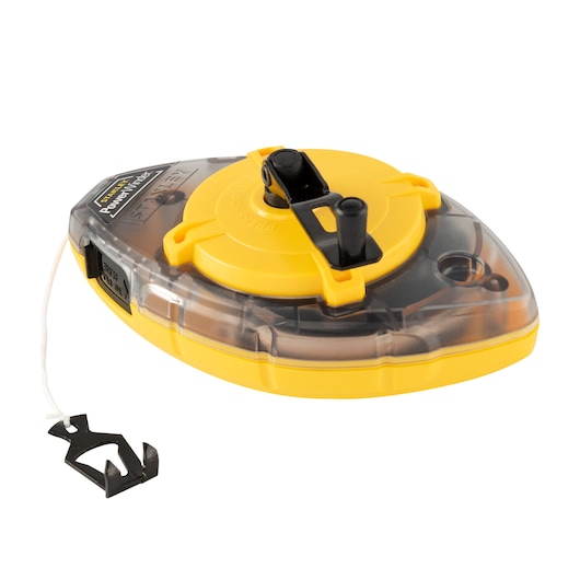 STANLEY 47-460 chalk line reel, yellow and black, shown at an angle on white background.