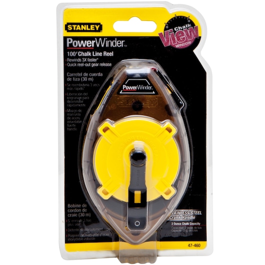 STANLEY 47-460 PowerWinder 100' chalk line reel in retail packaging, front view showing yellow and black design.