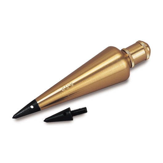 STANLEY 47-973 brass plumb bob with removable black tip, product photography on white background.