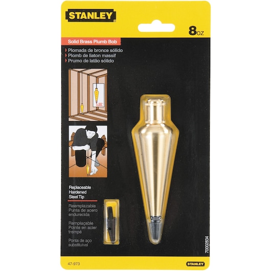 STANLEY 47-973 solid brass plumb bob with replaceable steel tip, 8 oz, in original packaging, front view.