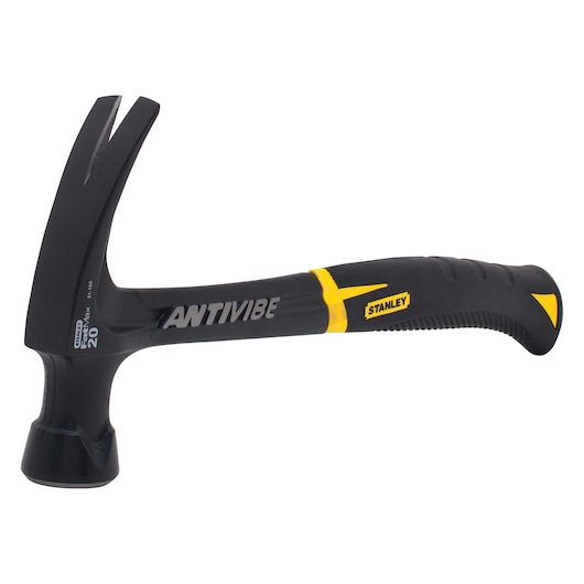STANLEY 51-165 Antivibe claw hammer, black and yellow handle, side angle photo.