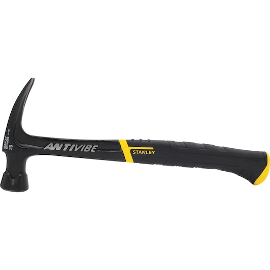 Photo of STANLEY 51-165 claw hammer with black and yellow anti-vibration handle, side view on white background.