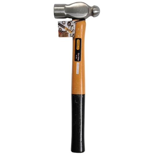 STANLEY 54-193 ball peen hammer with polished steel head and wooden handle, straight-on angle, white background.