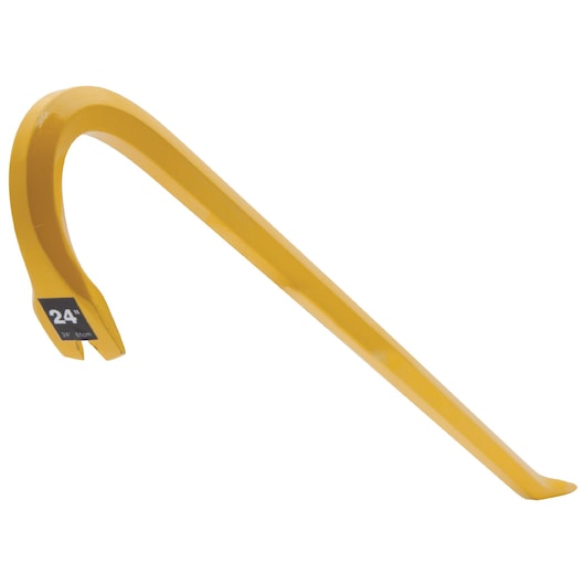 STANLEY 55-124 yellow 24-inch curved claw bar, side angle, on white background.