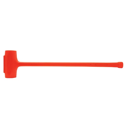Stanley bright orange dead blow hammer side view with textured handle, white background