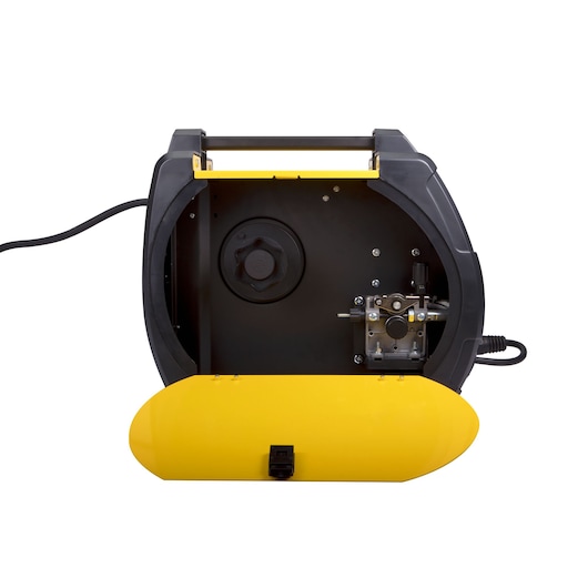 INVERTER WELDING MACHINE TOP MIG 1800, model 59040, STANLEY, white blackgorund, 3/4 of view,  wire dispenser open