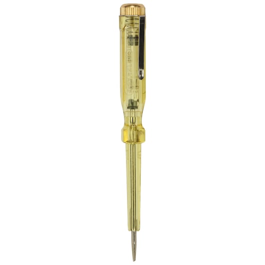 STANLEY 66-119-KR voltage tester screwdriver with yellow transparent handle, front view on white background.