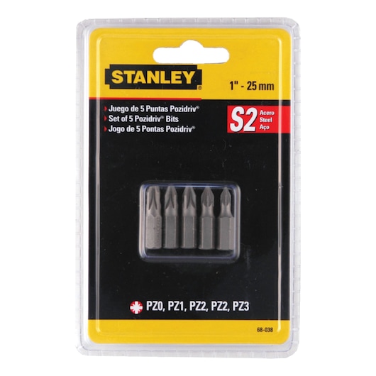 STANLEY 68-014 Pozidriv bit set, 5 steel bits in retail packaging, front angle.
