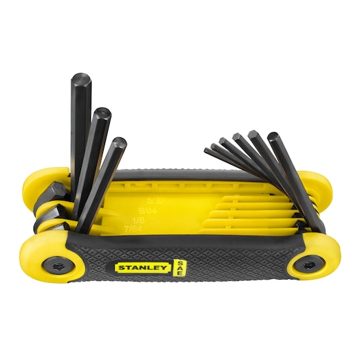 STANLEY 69-265 hex key set with yellow and black handle, SAE sizes visible, front angle on white background.