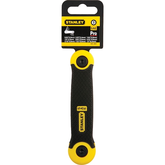 Photo of STANLEY 69-265 SAE folding hex key set with black and yellow handle, packaging front view.