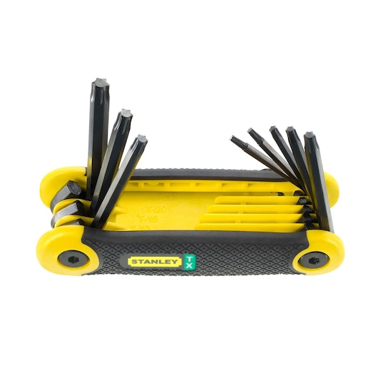 STANLEY 69-266 folding Torx key set with yellow and black handle, front angle on white background.