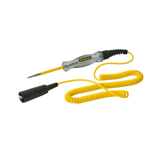 STANLEY 78-386 test probe with yellow coiled cable and transparent handle, photography from front angle.