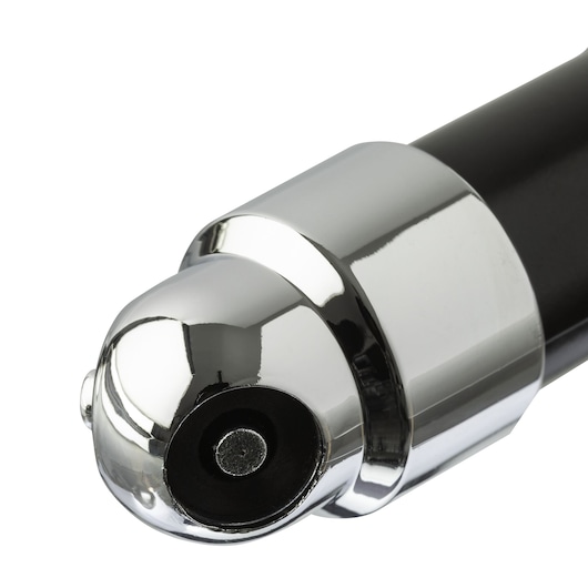 STANLEY 79-052 tire pressure gauge close-up, chrome and black finish, automotive tool, angled on white background.