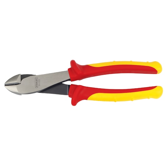 Stanley 84-005 diagonal cutting pliers with red and yellow handles, side angle, on white background.