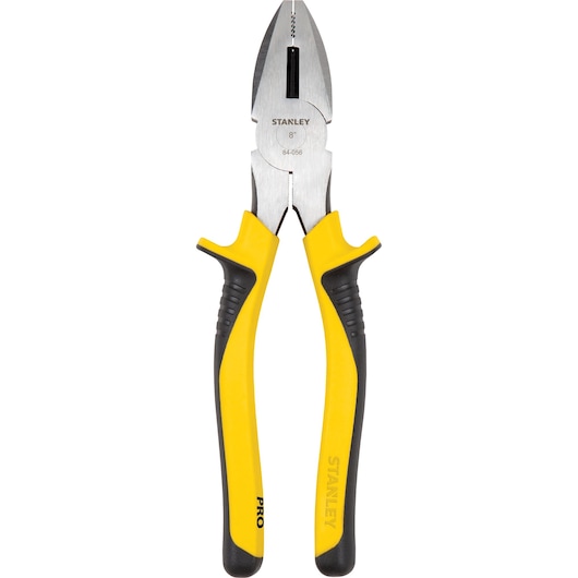 Photo of STANLEY 84-056LA combination pliers with yellow and black handles, front view on white background.