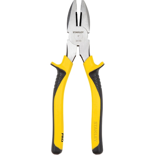 STANLEY 84-056LA lineman's pliers, yellow and black handles, front angle on white background.