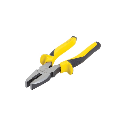 STANLEY 84-056LA yellow and black linesman pliers, photography, angled view on white background.