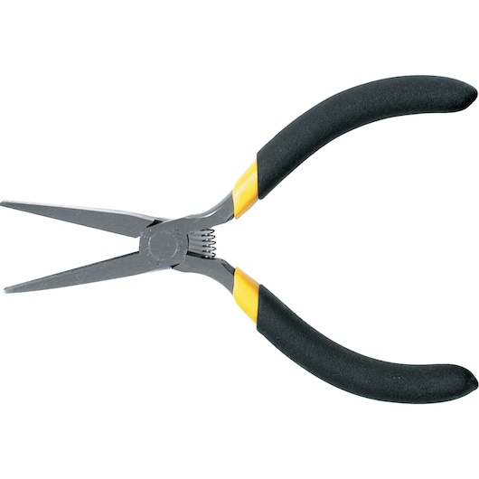 STANLEY long nose pliers with black-yellow handles, SKUs 84-122LA, 84-122, photography, white background.