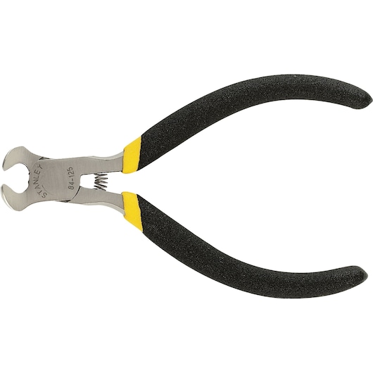 Photo of STANLEY end cutting pliers with black/yellow handles, SKUs 84-125LA, 84-125, white background.