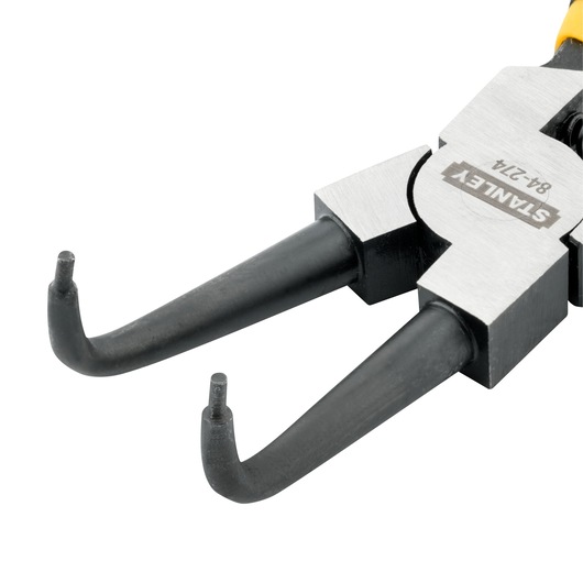 STANLEY 84-274 snap ring pliers close-up on white background, showing bent tips and metal construction.