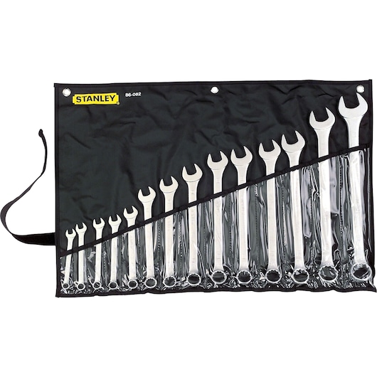 STANLEY 86-082 wrench set in black roll-up pouch, 16 combination wrenches in ascending order, front angle.