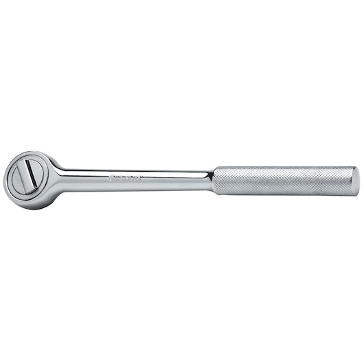 STANLEY 86-404 ratchet wrench with textured handle, tool category, side angle photo on white background.